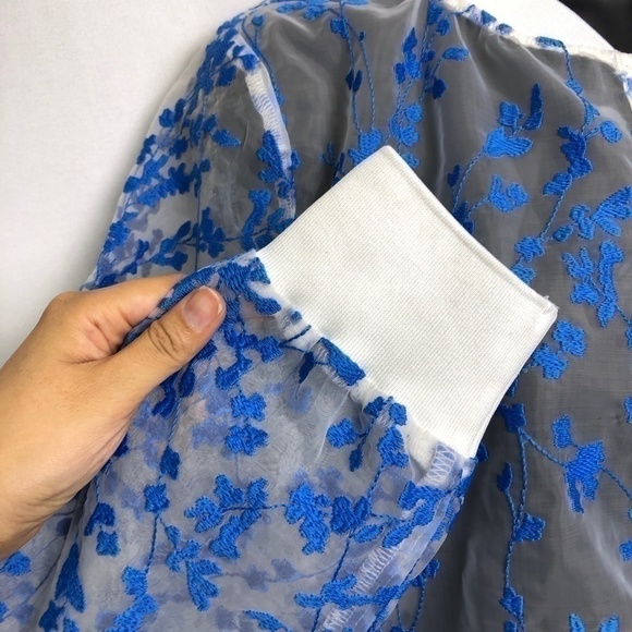 White Mesh See thru Blue Floral Bomber Jacket - Picture 6 of 6